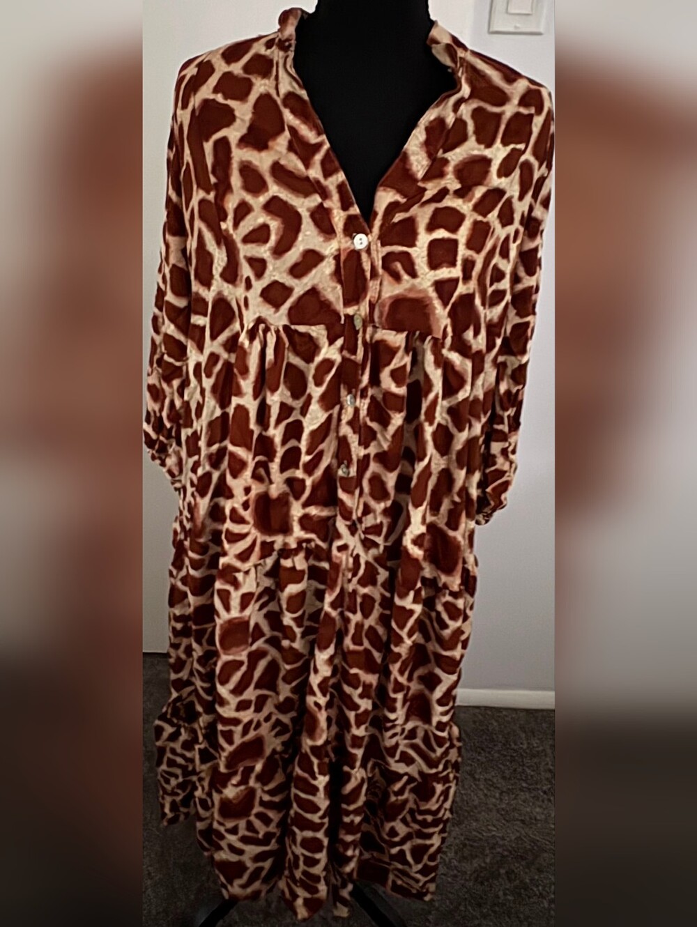 Giraffe Print Button-Front Maxi Dress in Brown and Cream